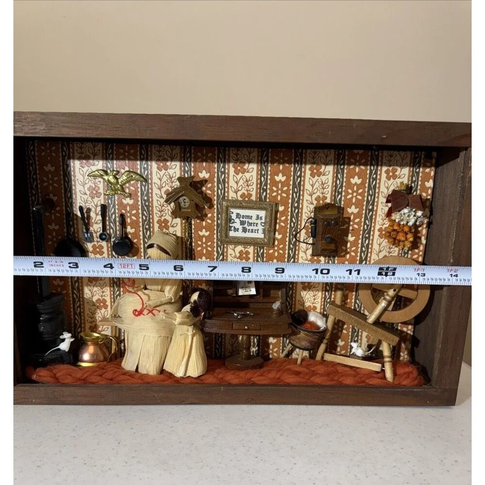 Vintage Corn Husk Doll Shadow Box Diorama Folk Art 1970s Cottage Core Farmhouse